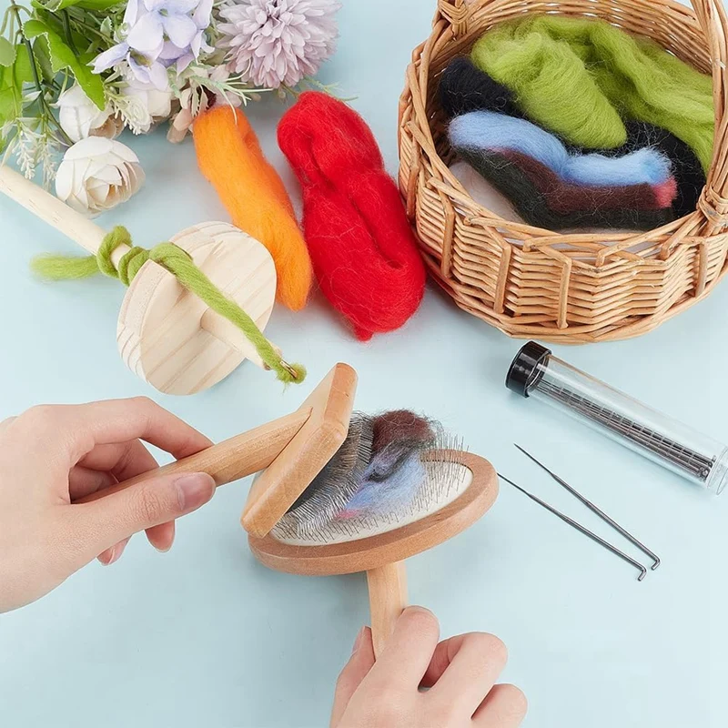 4Pcs Wooden Wool Carder Slicker Brush Wood Spinning-Tool Felting Tool Kit With 12Pcs Craft Needle For Yarn Blending