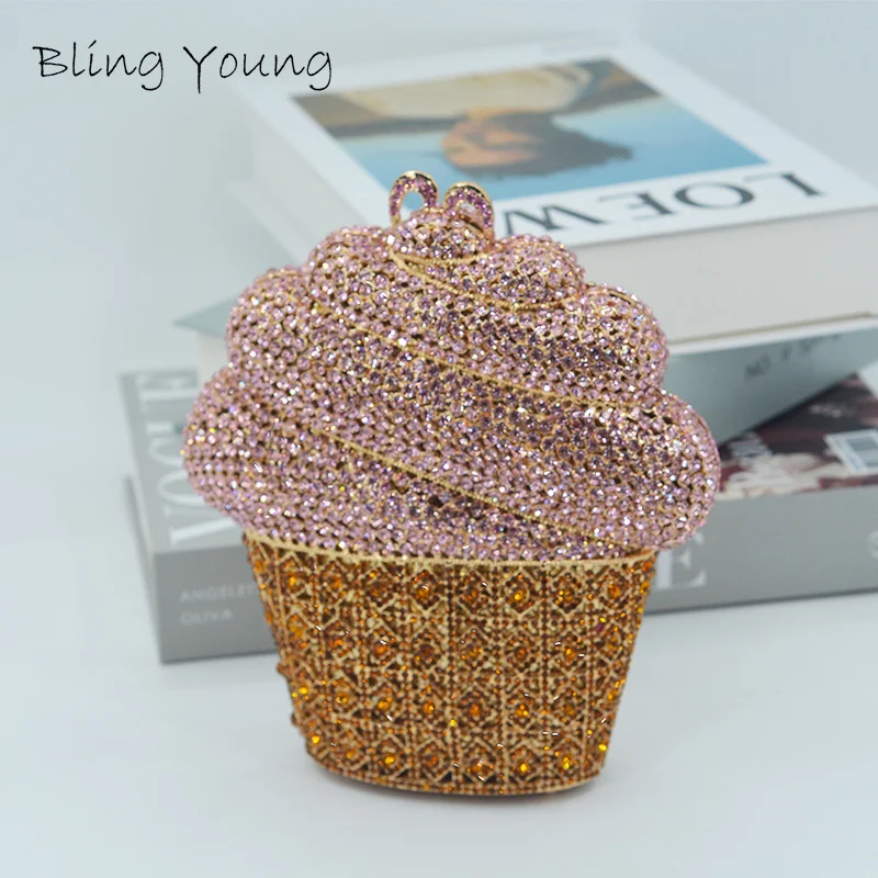 Pink Ice Cream Banquet Rhinestone Diamond Bag For Woman Crystal Purses Clutch Bag Evening Party Hangbag
