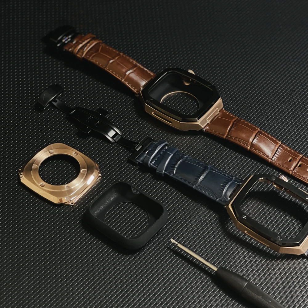 Leather Refit Mod Kit Bezel Case Band for Apple Watch Series 8 7 45mm 6 5 4 SE 44mm Modification Kit Metal Steel Band for IWatch