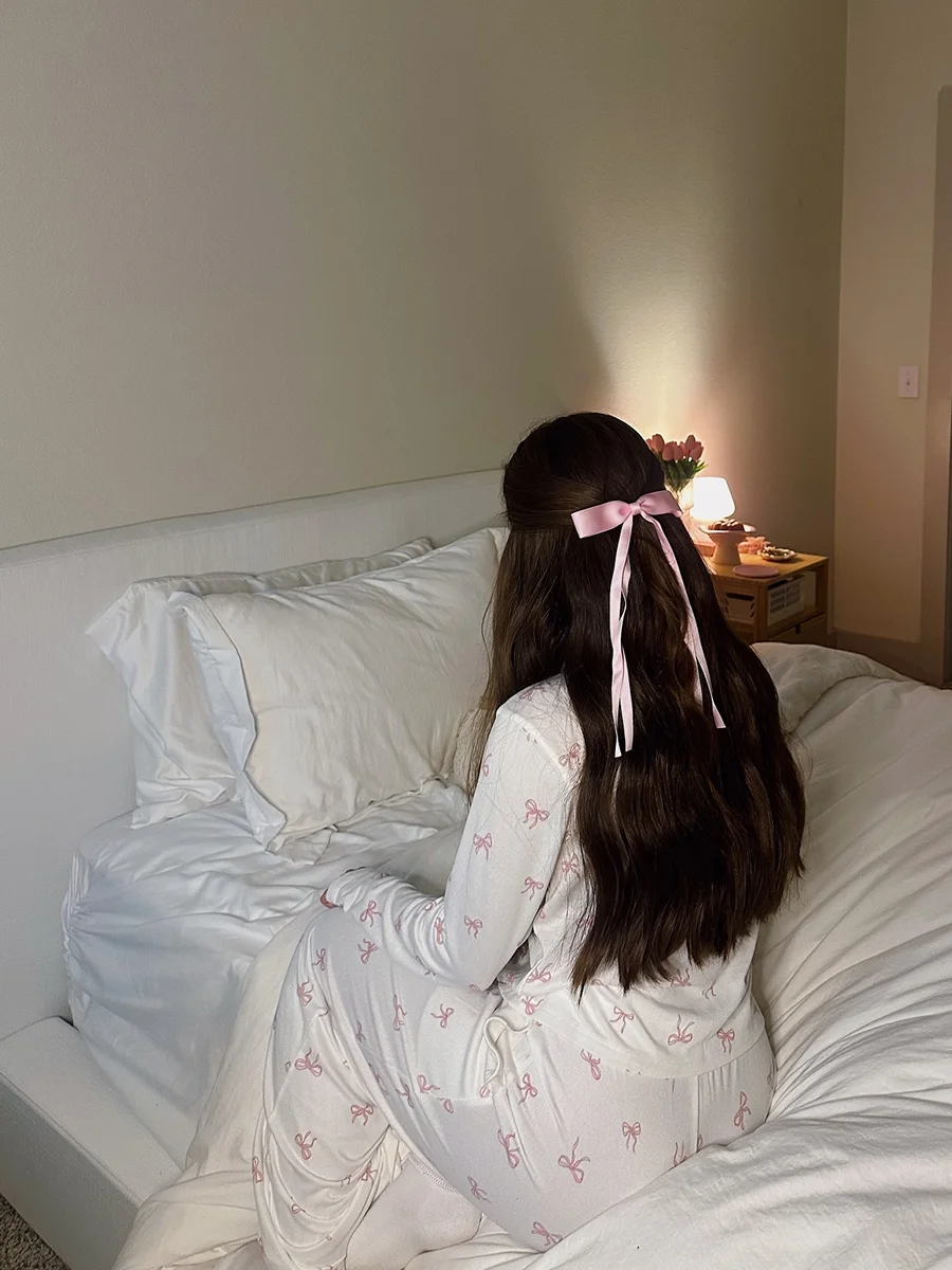 (Пред распродажа) Футболка с принтом банта брюки пижамный комплект женская