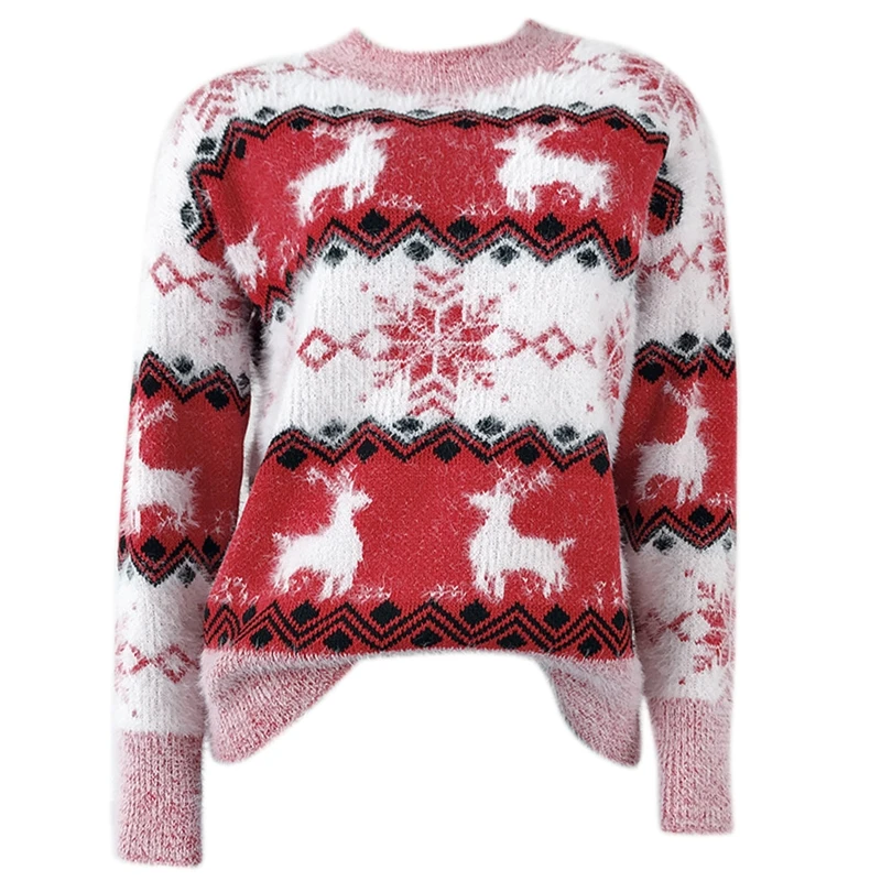 M2EA Women Winter Ugla Christmas Knitted Sweater Reindeer Snowflake Jacquard Pullover Tops Round Neck Long Sleeve Holiday Fuzzy