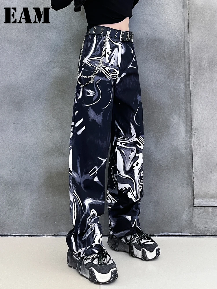 

[EAM] High Waist Black Pattern Printed Long Wide Leg Trousers New Loose Fit Pants Women Fashion Tide Spring Autumn 2022 1DE7224