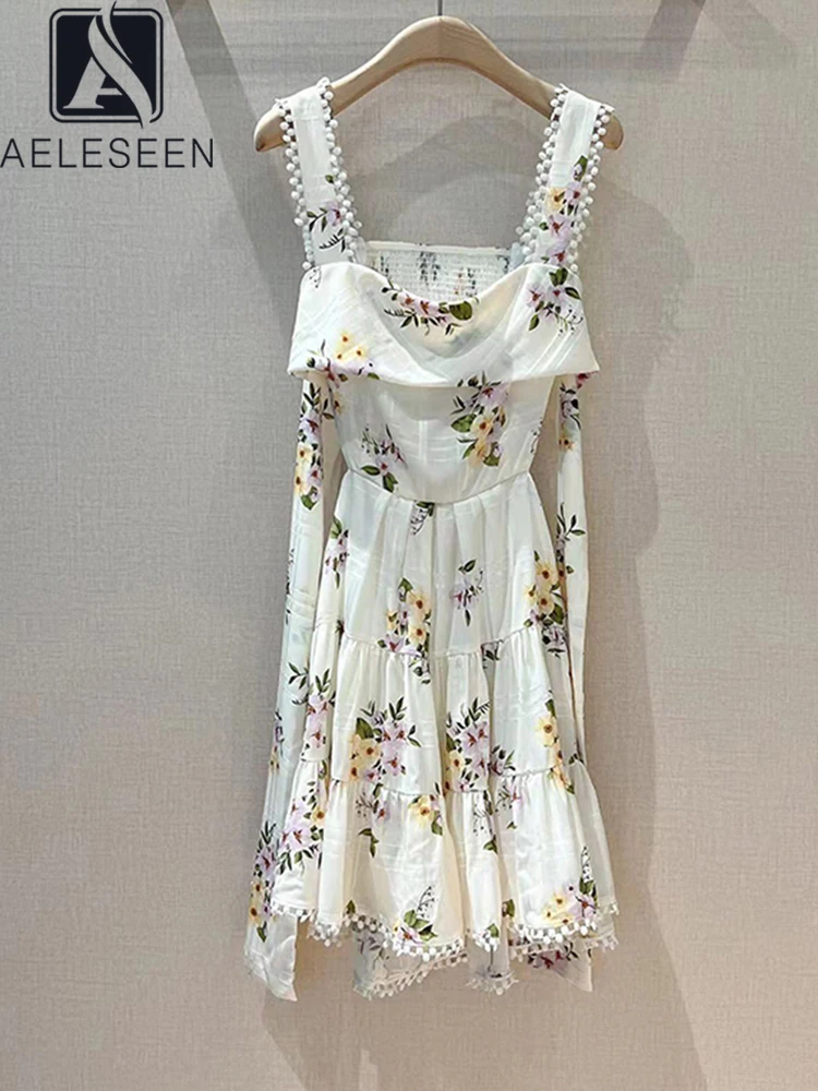 

AELESEEN 2022 Summer Designer Mini Dress Women Flower Printed Sleeveless Bow Elegant Spaghetti Strap Holiday Camisole