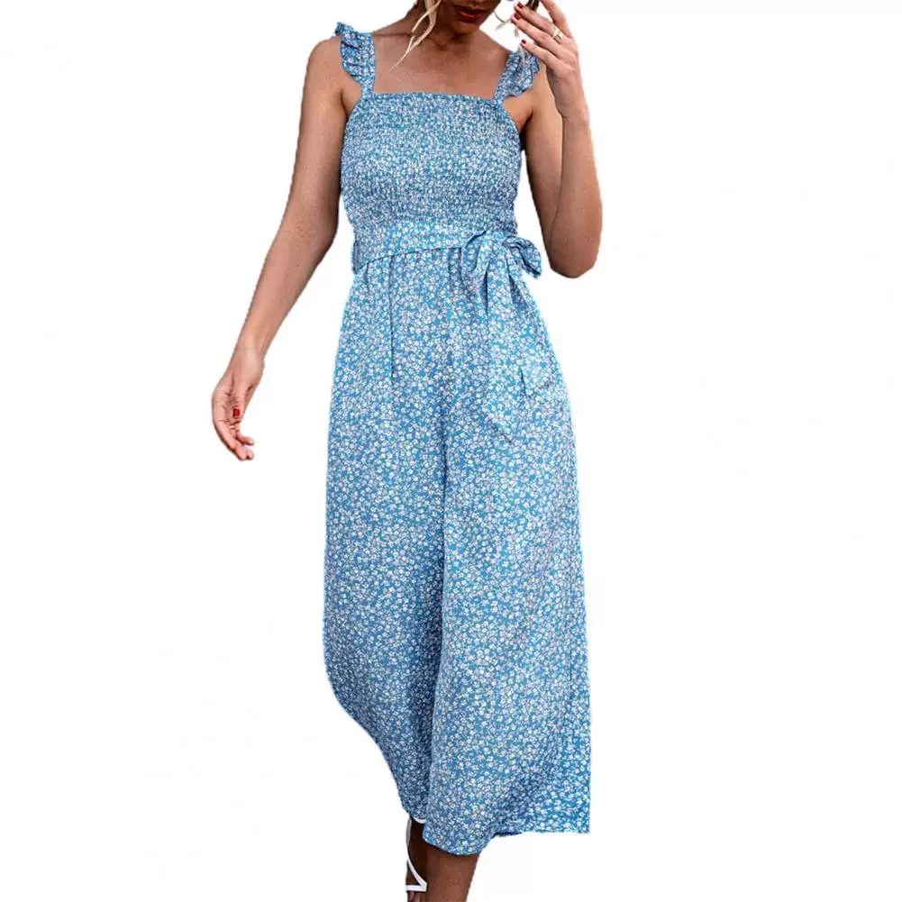 

Elegant Loose-fitting Jumpsuit Women Floral Lace-up Summer Sweet Loose-fitting Jumpsuit for Party Long Trousers Suspenders