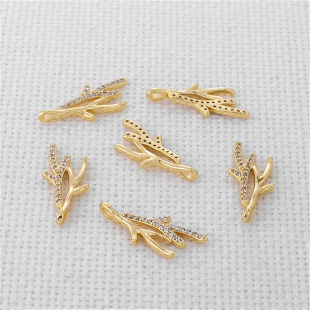 

14K gold wrapped color preserving micro inlaid zircon 9*20mm antler branch pendant DIY Jewelry Bracelet Earrings Necklace