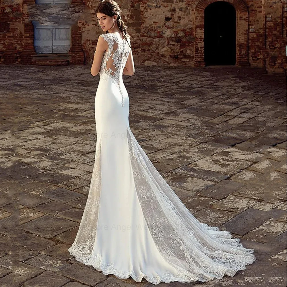 Фото ANGEL Boho свадебное платье с v-образным вырезом, женское платье русалки, 2029, индивидуальное платье невесты без рукавов, кружевные аппликации, иллюзия, Vestidos De Noiva №2