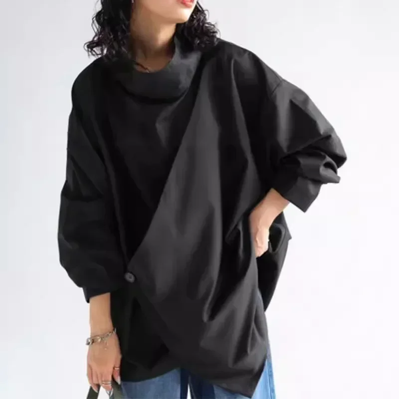 2024 новые черные свободные футболки с длинными рукавами и высоким воротом топы