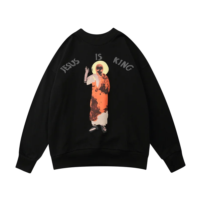 

High Street Jesus Is King Letter Foam Kanye Fleece Hoodies Mens and Womens Oversized Crew Neck Retro Loose Sweatshirts