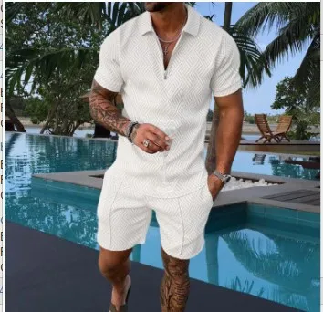 

2023 Popular Men's Wear New Casual Contrast POLO Zipper Polo Short Sleeve Set