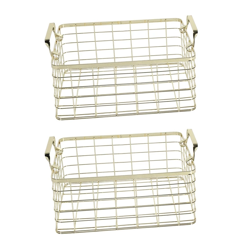 

2X Metal Storage Basket Chic Nordic Handmade Iron Net Table Shelves Basket Bath Clothes Cosmetics Storage Basket-Gold