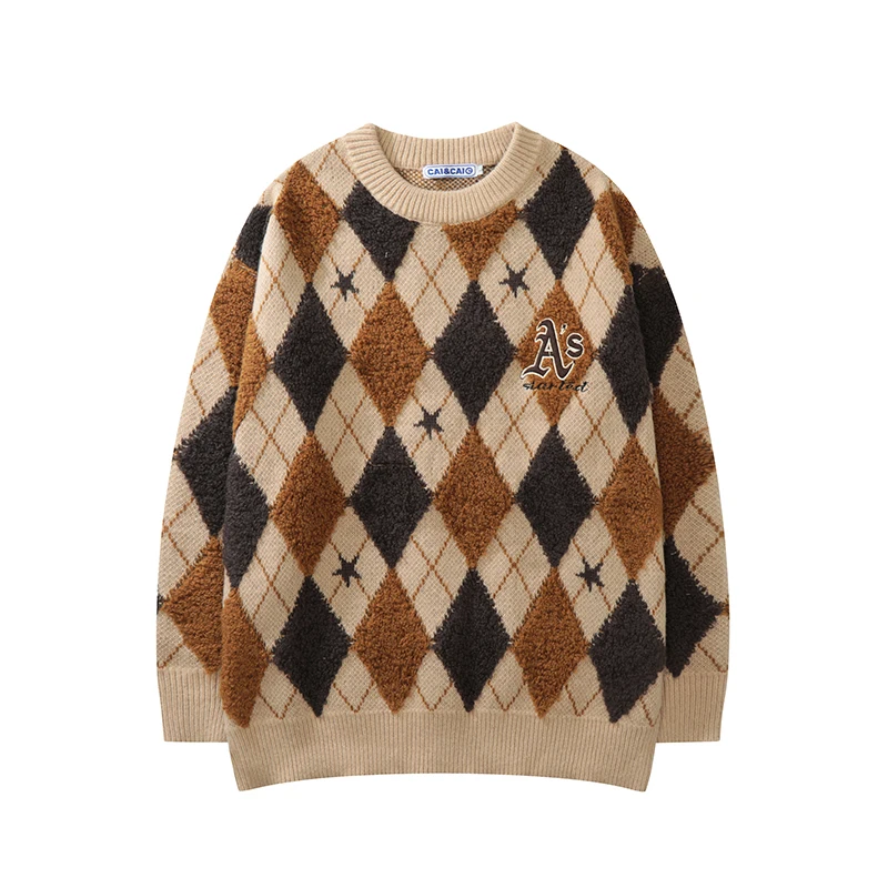 

New Retro Rhombus Embroidery Contrast Color Men's Autumn and Winter Sweaters Round Neck Streetwear Harajuku Pullover Tops