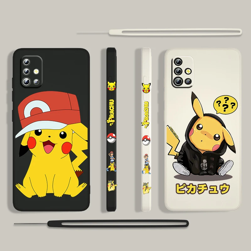 

Anime Pikachu Cute For Samsung Galaxy A73 A53 A33 A52 A32 A22 A71 A51 A21S A03S A50 4G 5G Liquid Left Rope Phone Case Capa Cover