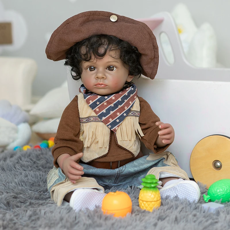 

55CM Full Body Soft Silicone Real Touch Reborn Baby Boy Doll Dark Brown Skin Tutti Handmade High Quality Art Doll