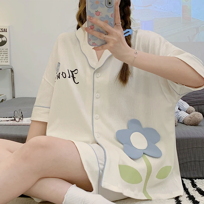 Summer Women Pajama Sets Adult Flower Printing Sleepwear Cotton Short Sleeve Pyjama Pour Femme Sweet Girl Homewear Pijama