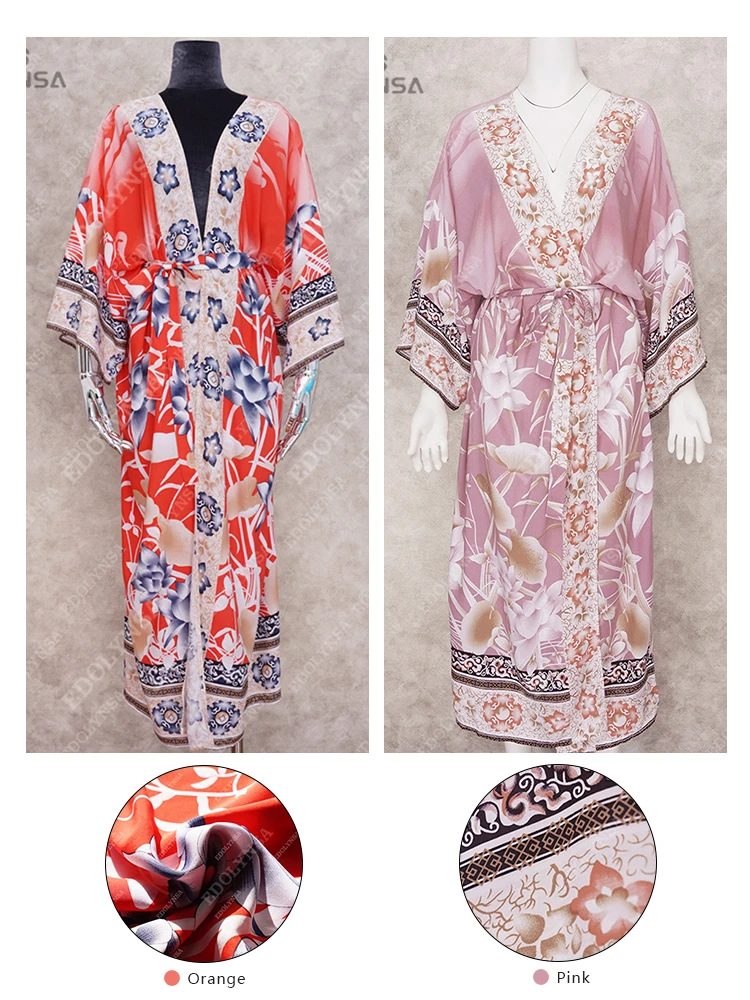 2023 Bikini Cover-ups Pink Boho Print Self Belted Front Open Long Kimono Dress Beach Tunic Women Swim Suit Cover Up Q996 - купить по
