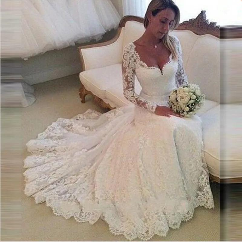 

Винтажное свадебное платье с длинным рукавом, кружевной аппликацией и юбкой-годе для матери невесты, 2018