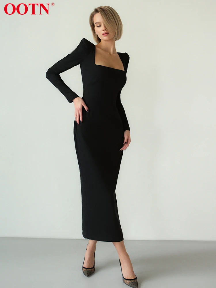 OOTN Elegant Black Bodycon Dress Stretch Square Neck Long Sleeve Party Dresses Women Spring Split Mid-Calf Solid Sexy Dress 2022