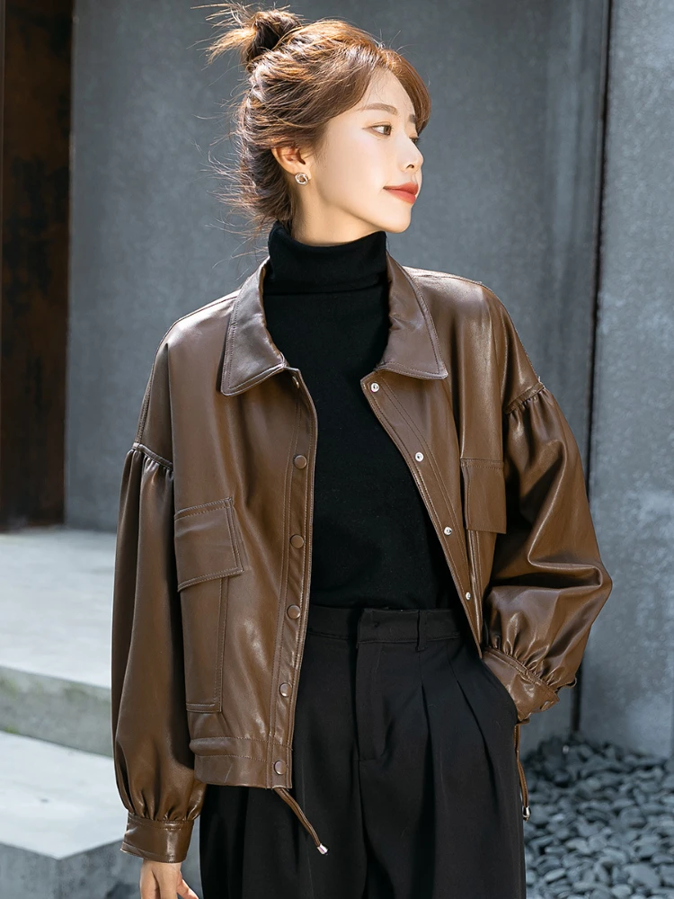 

Leather Jacket Women 2023 Spring Autumn Fashion Polo Collar Imitation Leather Leather Coat Temperament British Style Jacket