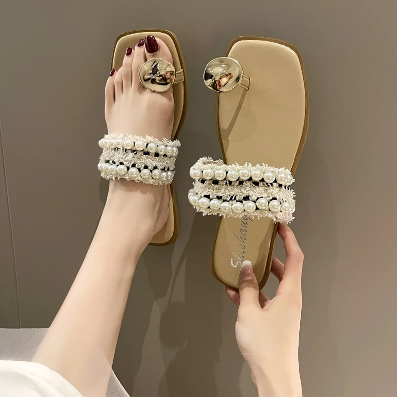 

2022 Summer Women Slippers Solid Color Pearl Open Toe Flat Sandals Outdoor Beach New Fashion Plus 35-43 Zapatillas Mujer