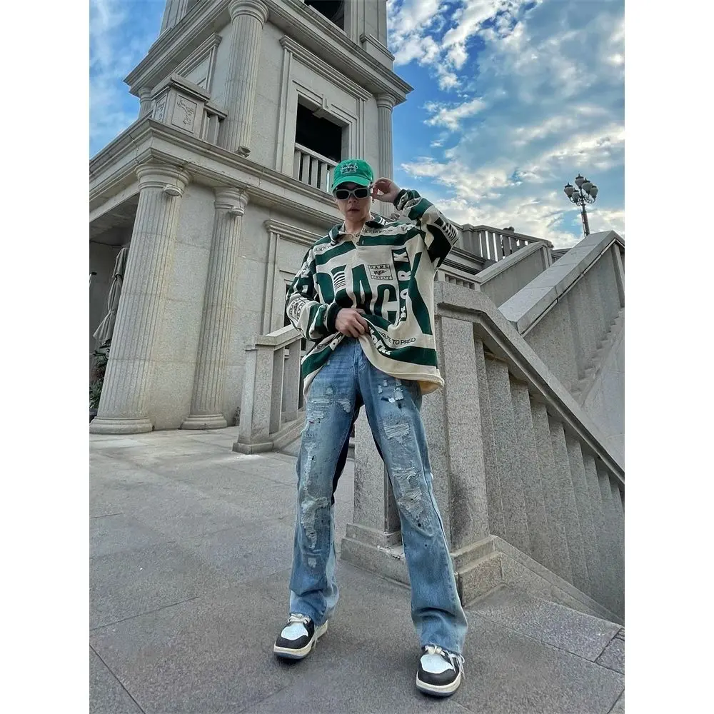 Men Slim Jeans Korean Fashion Splash-ink Casual Pants Blue Trendyol Cargo Trousers Punk Streetwear Man Harajuku Denim Y2k