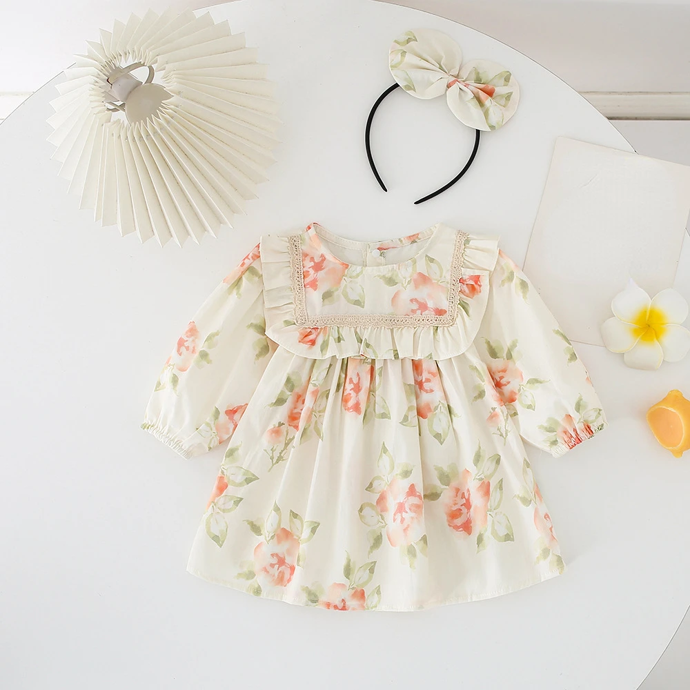RiniLucia Toddler Baby Girls Floral Dresses Autumn Girl Baby Romper Infant Children Cotton Long Sleeve Ruffle One-piece Romper