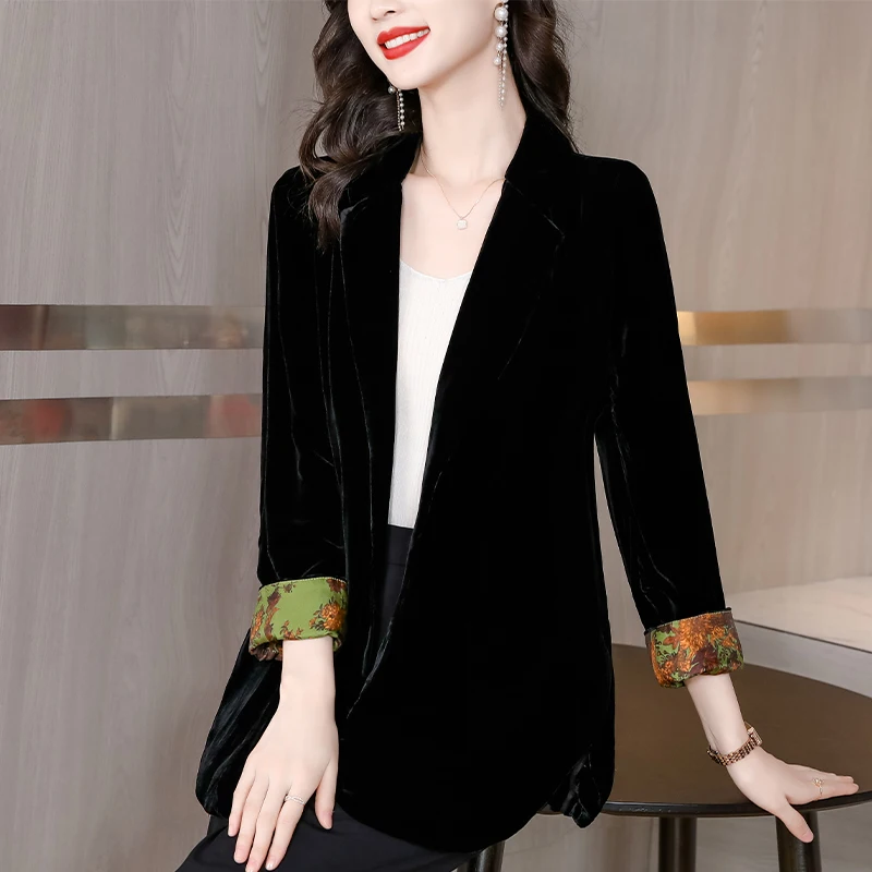 

Новинка весна-осень 2023 корейский бархатный женский черный пиджак с длинным рукавом золотой бархатный свободный однотонный облегающий костюм большого размера