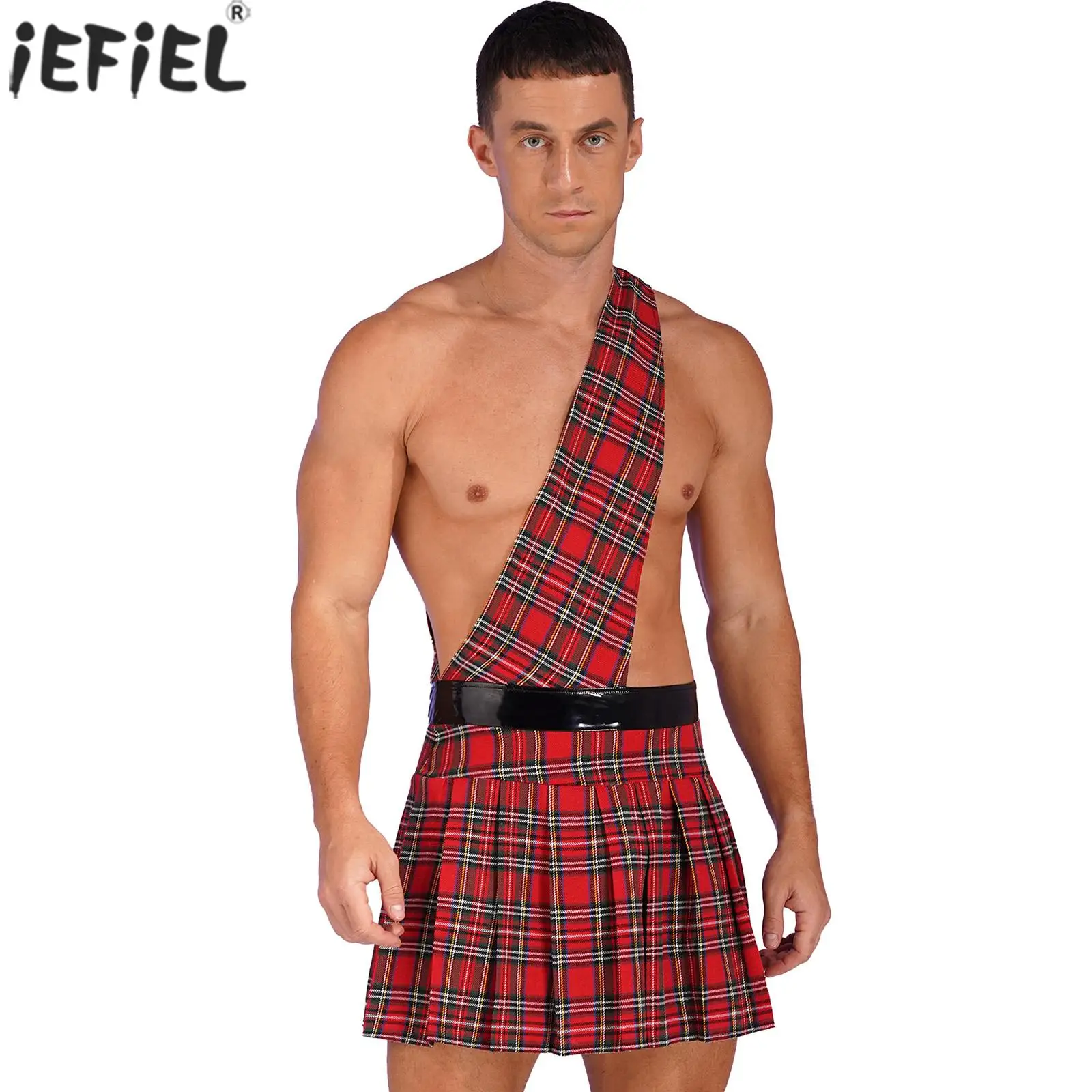 

Mens Halloween Cosplay Costume One Shoulder Pleated Plaid Skirt Zipper Skirts Knight Warrior Costume Ancient Greek God Underwear