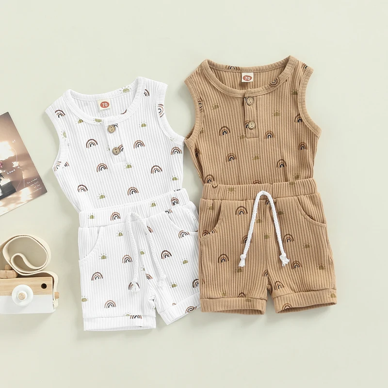 

Комплект летней одежды для маленьких девочек и мальчиков, повседневный вязаный хлопковый жилет и шорты с солнцезащитным принтом для новоро...