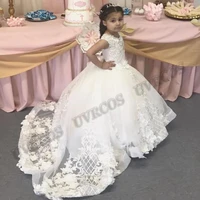 ivory ball gown toddler flower girl dresses lace appliques baby one year birthday costumes wedding modeling custom made