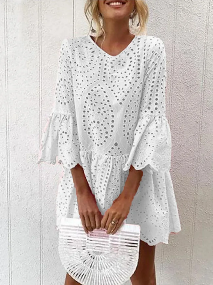 2023 Spring Summer New Embroidered Hollow V-neck Flare Sleeve Cotton Solid Color Sexy Casual Women's Dress