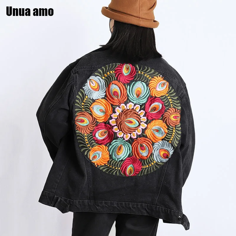 

Unua amo Vintage Black Denim Jacket For Women Fashion Loose Wild Boho Floral Embroidery Jean Jackets Oversize Coat Streetwear