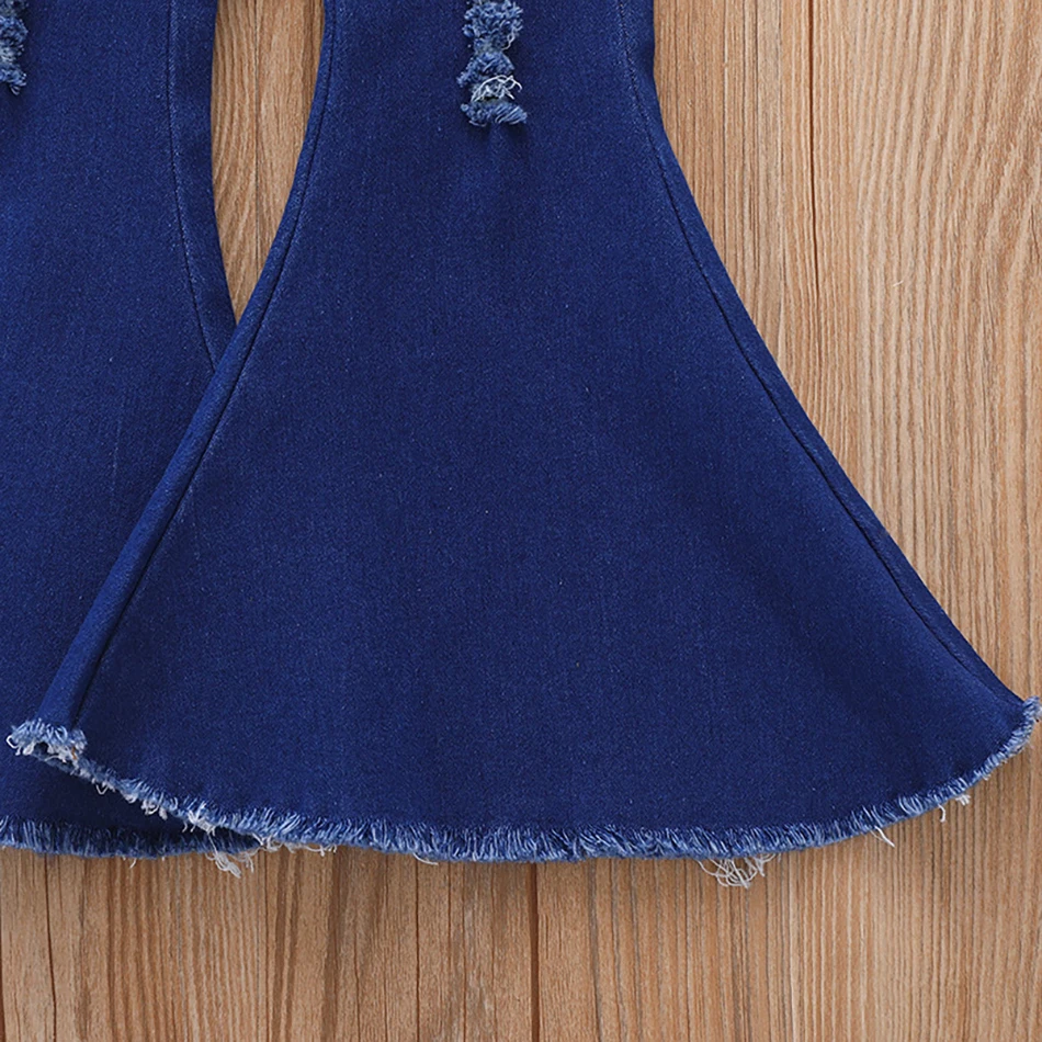 Элегантные игривые черные эластичные расклешенные джинсы для маленьких девочек