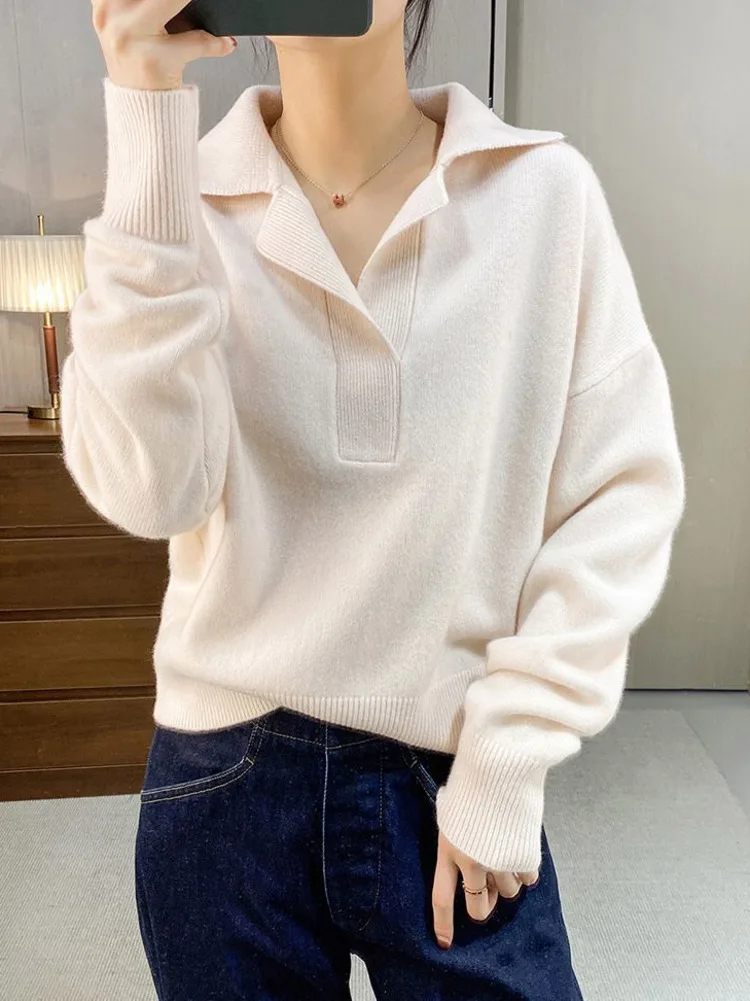 

Polo Collar Autumn Winter Knitted Sweater Pullovers Women Loose Thick Casual Sweater Pullover Women Oversized Sweater Jumper