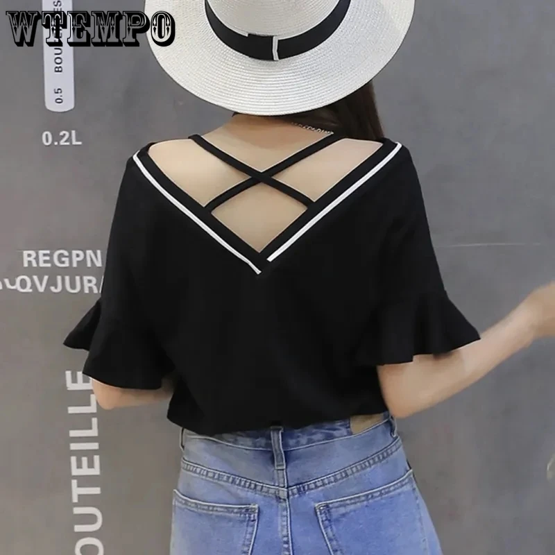 

Футболка женская с V-образным вырезом, Свободный Топ с коротким рукавом, с открытыми плечами и расклешенными рукавами, Укороченная рубашка в...