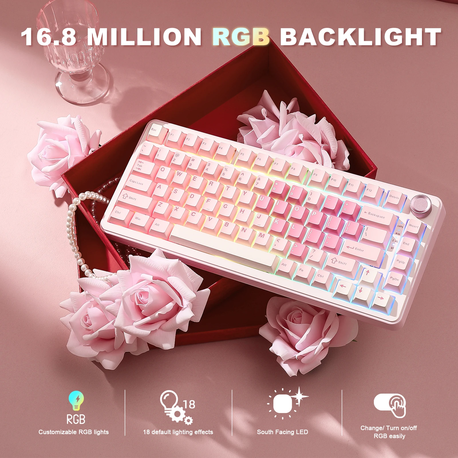 Фото YUNZII B75 PRO Розовая беспроводная механическая игровая клавиатура, 75% кремовая клавиатура с ручкой, прокладка, горячая замена, пользовательская RGB-подсветка Keeb №4