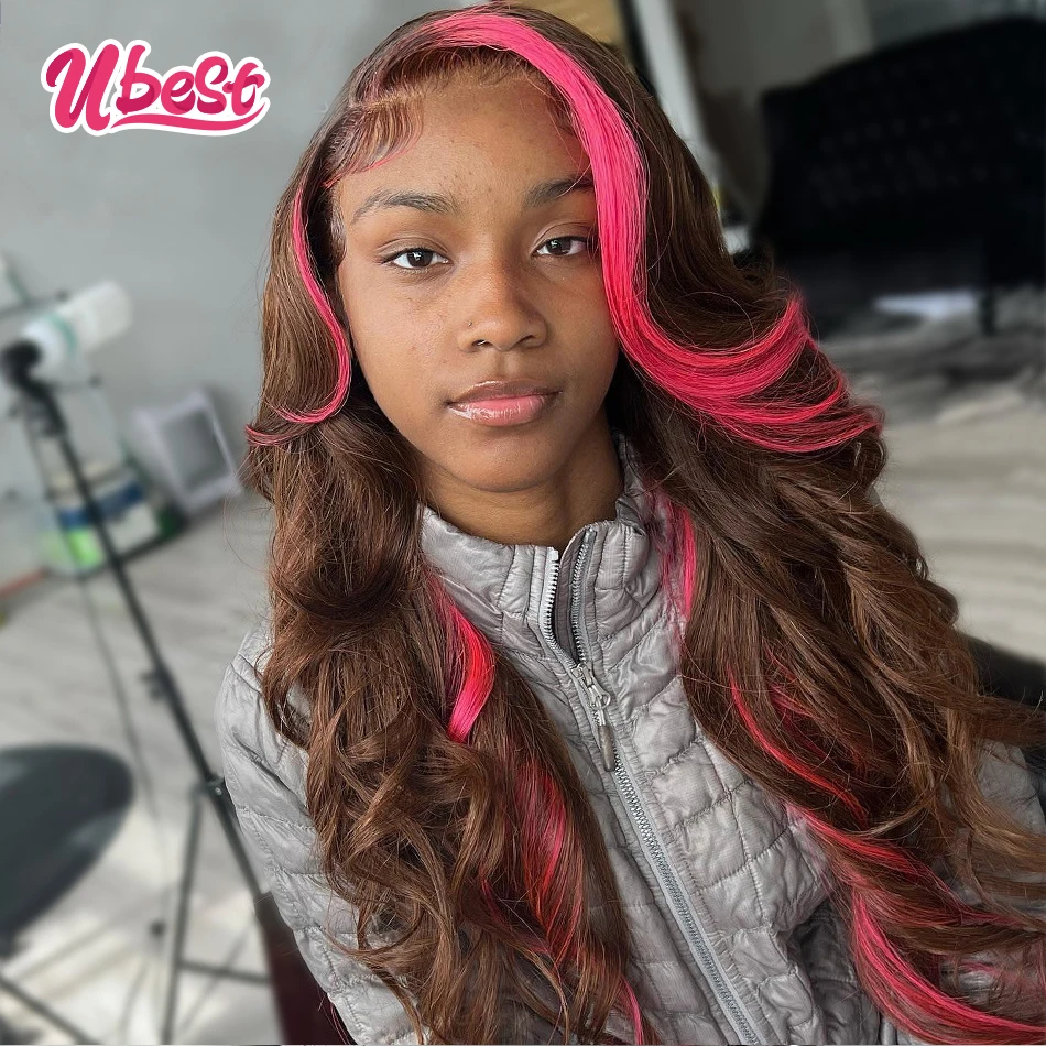 Brown Pink 13x6 Straight Lace Frontal Wig For Women Pink Hightlight Body Wave Lace Front Human Hair Wigs Transparent Lace Remy