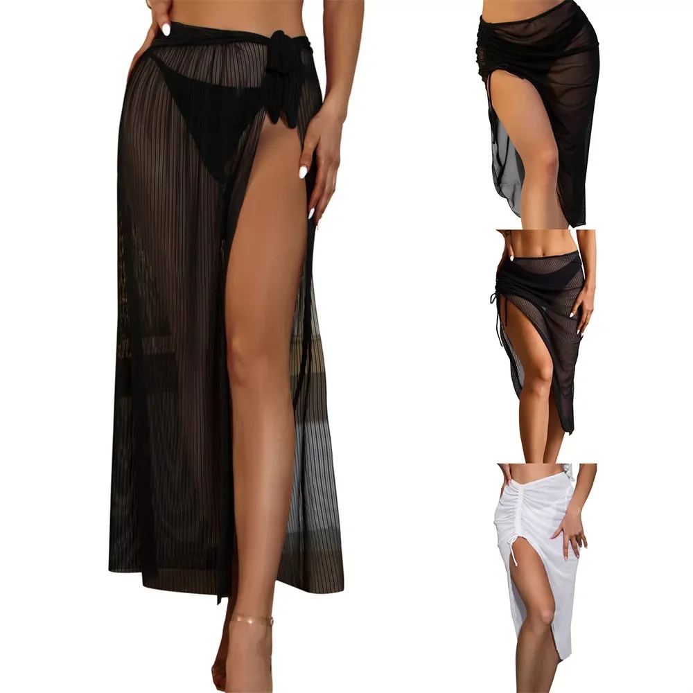 

Foohoostore Women Perspective Bikini Cover Ups Solid Color Side Split High Waist Drawstring Tie-up Skirt Swimwears Cover-Ups