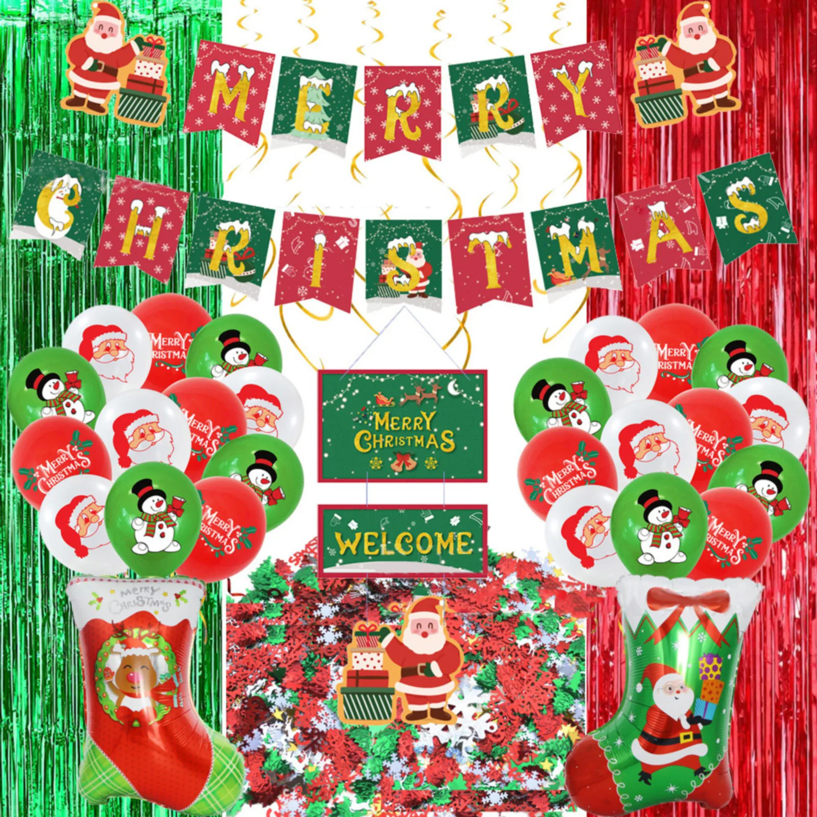 

Christmas Party Decoration Red And Green Rain Curtain Silk Sequin Confetti Santa Balloons Character Balloons for Kids Party