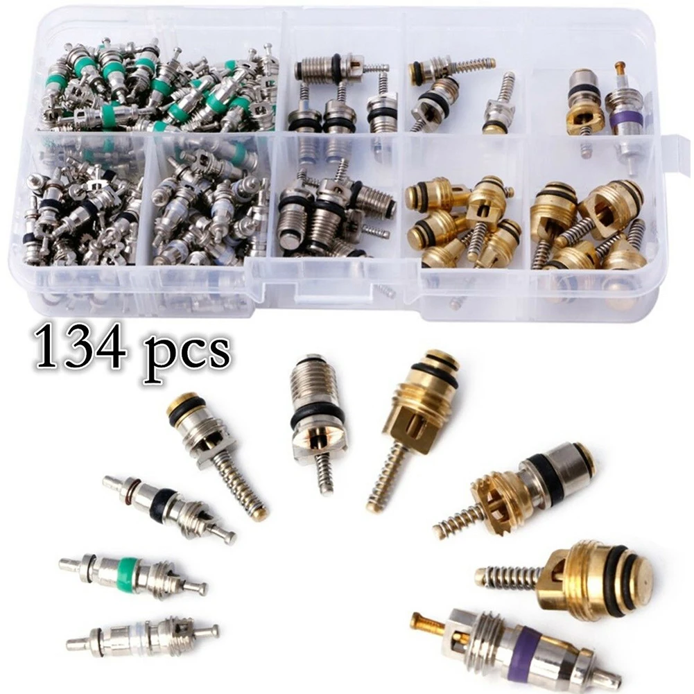 

134 Pcs A/C Core Valves R134A Auto Car Air Conditioning Assortment Remover Car Air Conditioning Valve Core A/C Sealing Kit