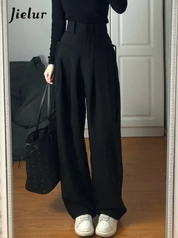 Jielur Простые черные женские широкие брюки с высокой талией, Длинные повседневные Прямые однотонные женские Костюмные брюки в американском стиле