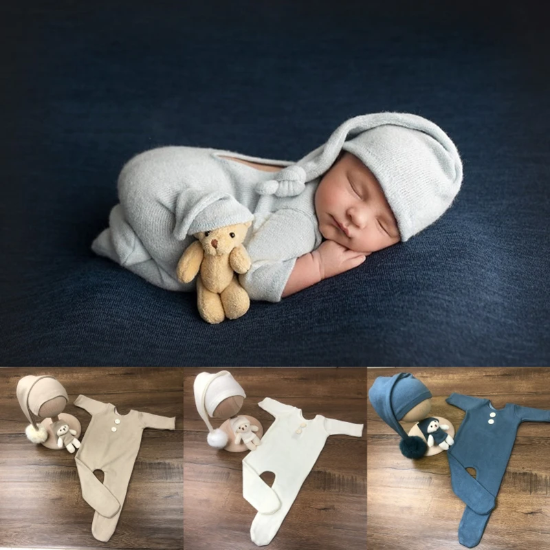 Dvotinst Newborn Photography Props Baby Button Outfits Hat Bear Doll 3pcs Fotografia Accessories Studio Shooting Photo Props
