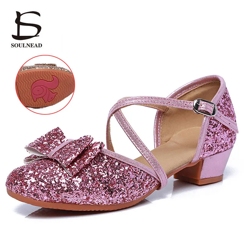 Children Latin Dance Shoes Girls Woman Tango Salsa Dance Shoe Pink Glitter Soft Sole Jazz Ballroom Dancing Shoes Kids Sandals