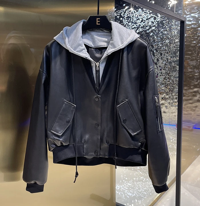 2023 Spring Autumn Chic Women's High Quality Sheepskin Genuine Leather Hooded Jackets B432