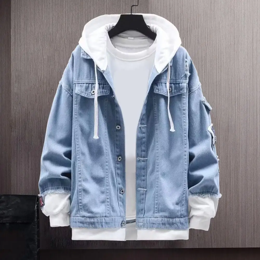 

Куртка мужская джинсовая однобортная, повседневная однотонная, с лацканами, однобортная, из хлопка с рваными дырками, верхняя одежда, лето-осень