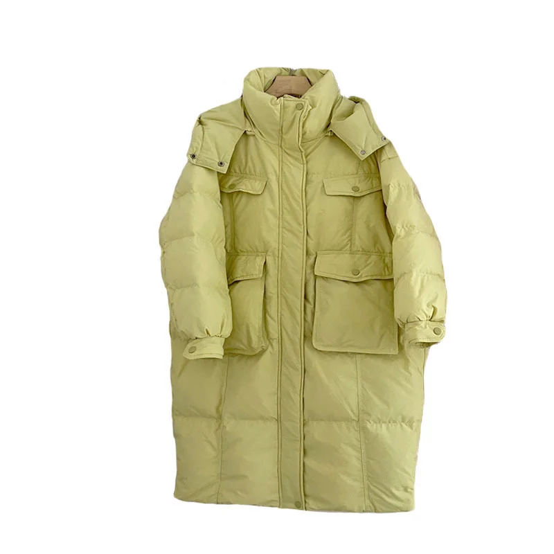 Down Jacket Women's Winter New Medium-length Section Candy Colour Large Pockets Thickened White Duck Down Hooded Jacket