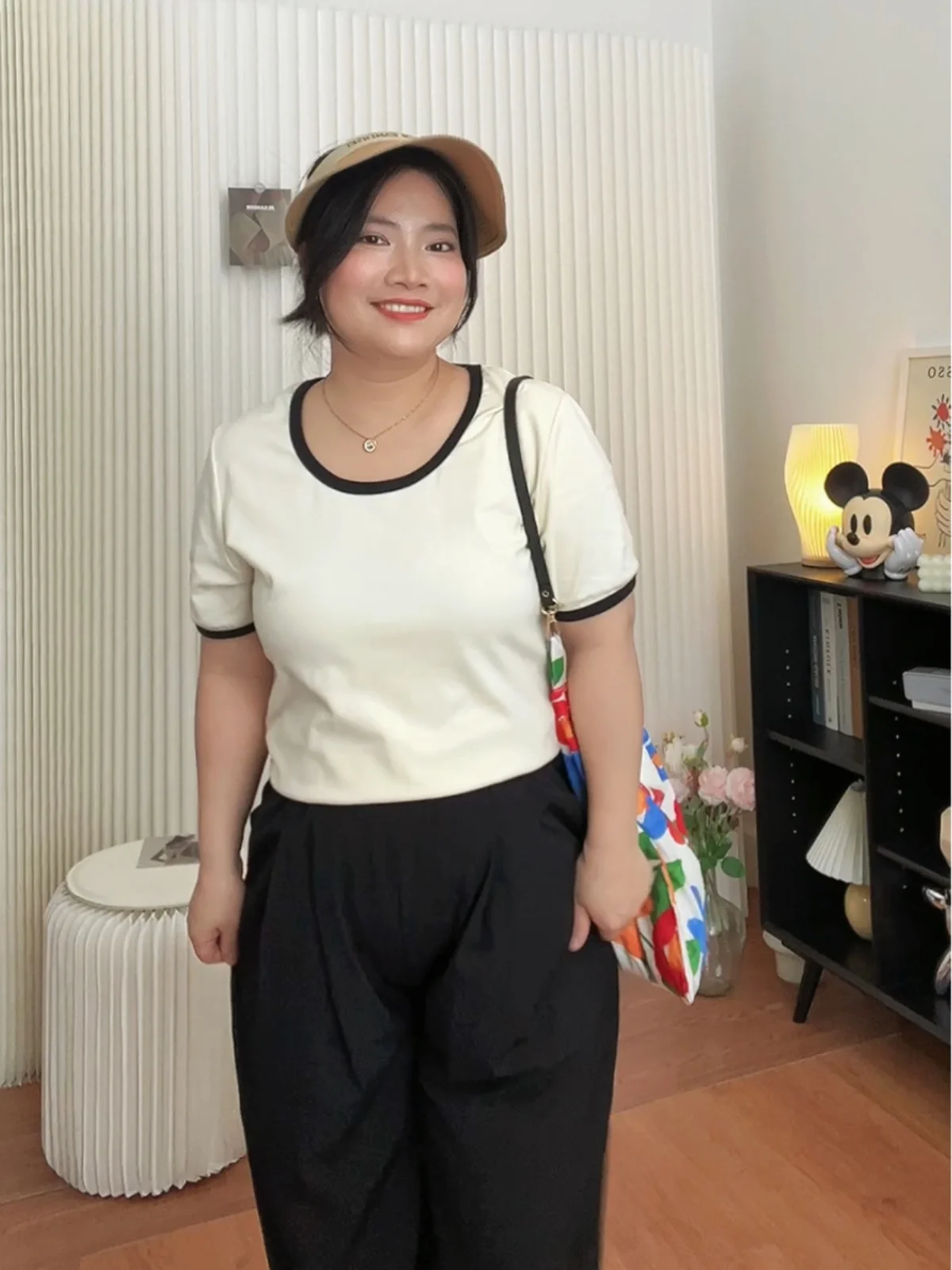 Shoulder Contrast Color U Collar Short sleeve T-shirt High Elastic Small Man Women Summer 2024 Slimming Plus size Top Chubby ...