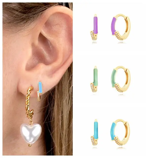 

925 Sterling Silver Needle Colorful Enamel Round Hoop Earrings For Women Minimalistic Style Drop Oil Huggie Earrings Jewelry