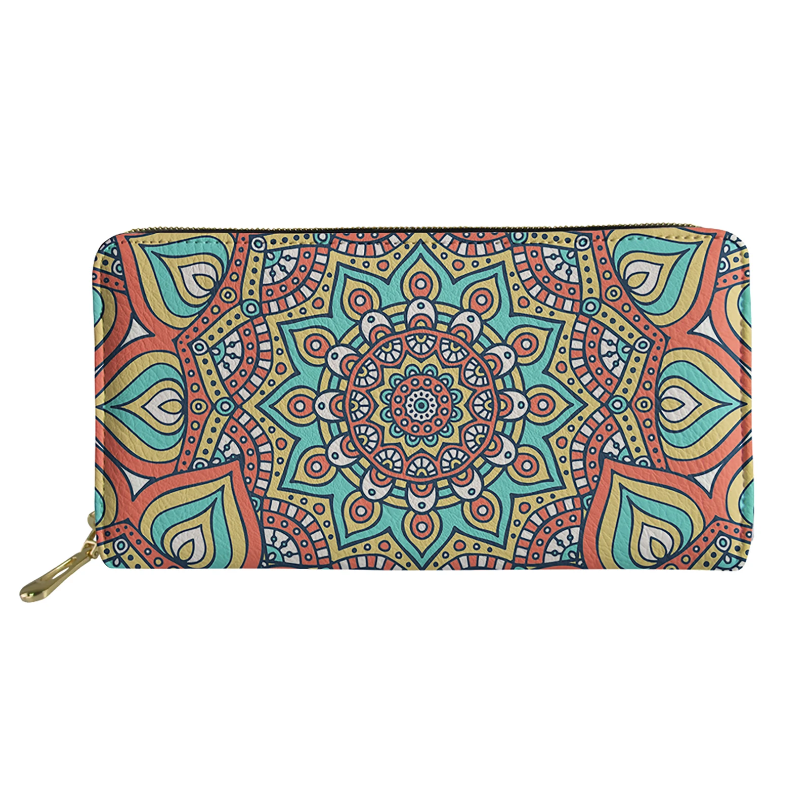 Multicolored Mandala Flower Design Long Wallets Portable Zipper Clutch Bag Woman Shopping Credit Card Holder Capacity Money Clip