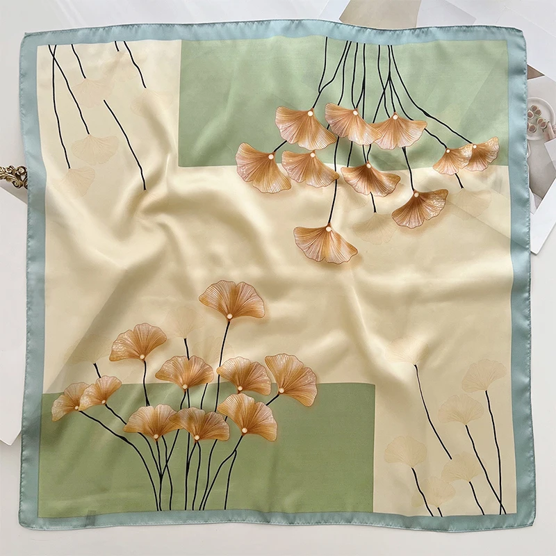 Шелковый Шарф 70 См Для Женщин С Принтом Листьев Гинкго Свежий Геометрический