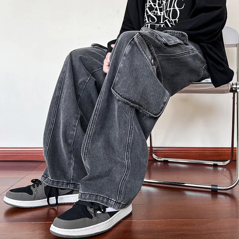 2023 New Men Cargo Jeans Wide Leg Pants Multiple Pockets Baggy Denim Trousers Hip Hop Streetwear Skateboard Neutral Male Clothes